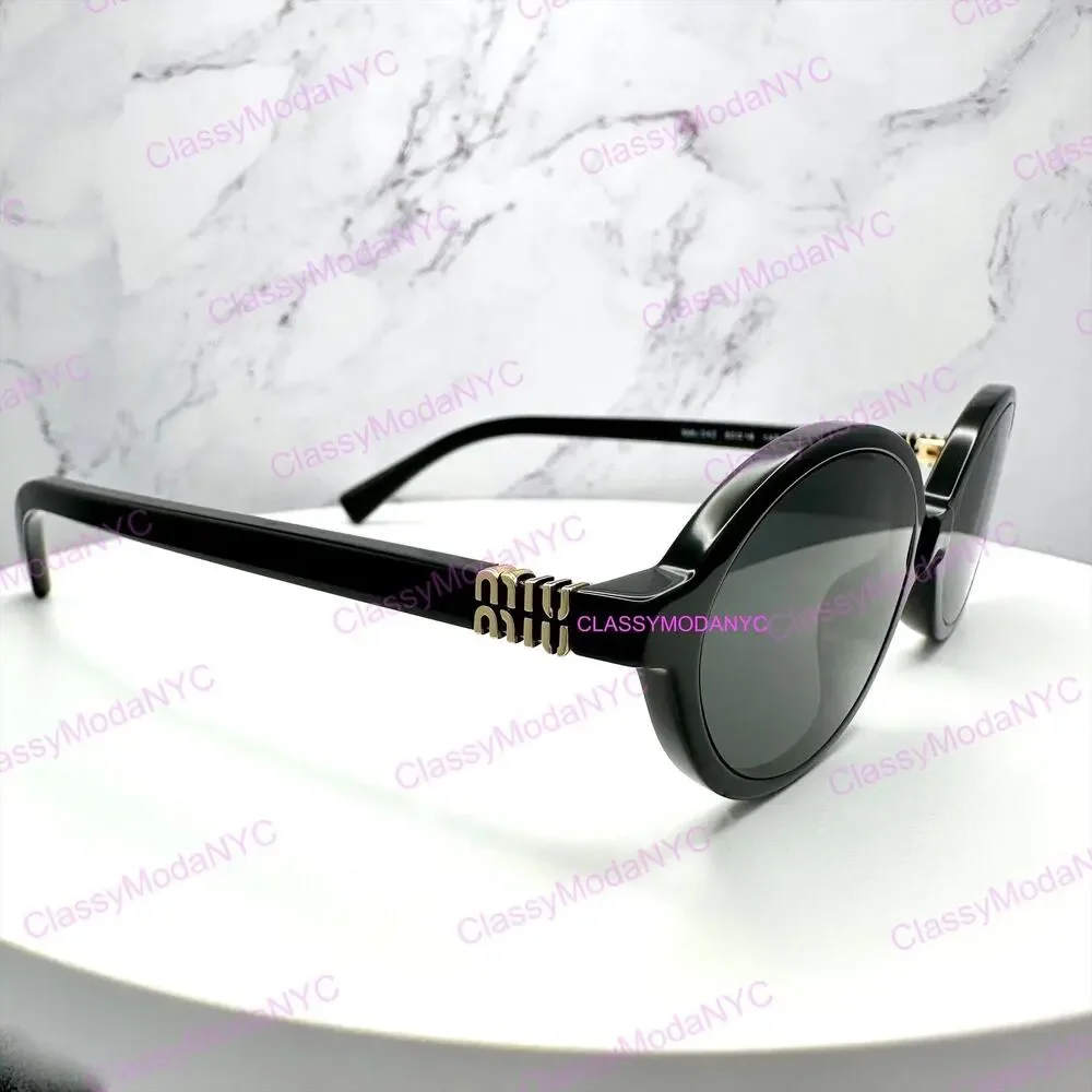 New MIU MIU Sunglasses Black Acetate Slim Round Gold Metal Logo Authentic Women